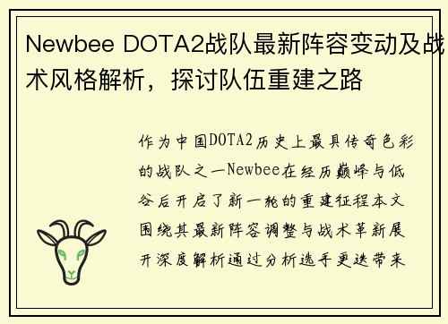 Newbee DOTA2战队最新阵容变动及战术风格解析，探讨队伍重建之路