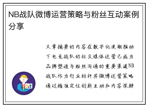 NB战队微博运营策略与粉丝互动案例分享