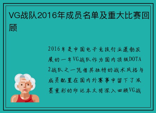 VG战队2016年成员名单及重大比赛回顾