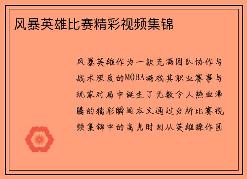 风暴英雄比赛精彩视频集锦