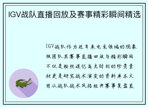 IGV战队直播回放及赛事精彩瞬间精选